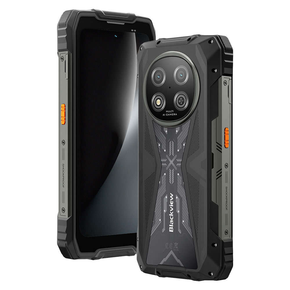 Due robusti smartphone neri con fotocamere e scritta "Shockproof" su sfondo bianco.