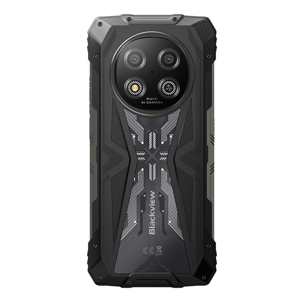 Retro di un robusto telefono nero con tre fotocamere e il logo Blackview.