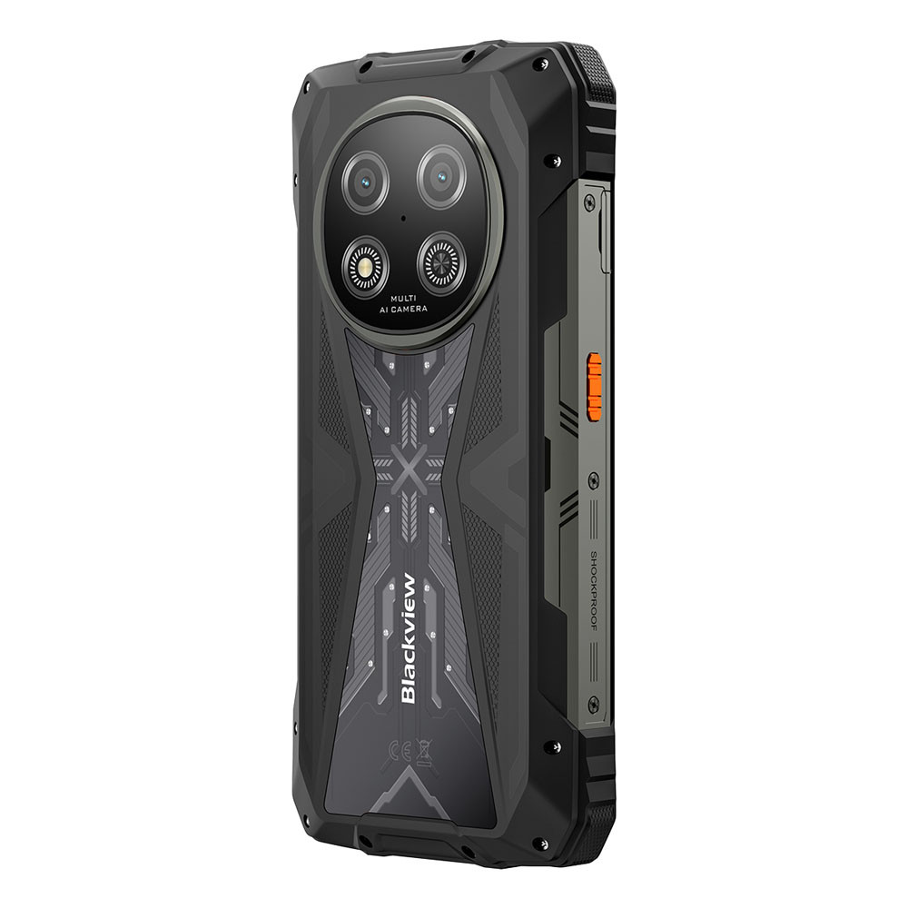 Robusto smartphone nero con fotocamera multi AI e accenti argentati.
