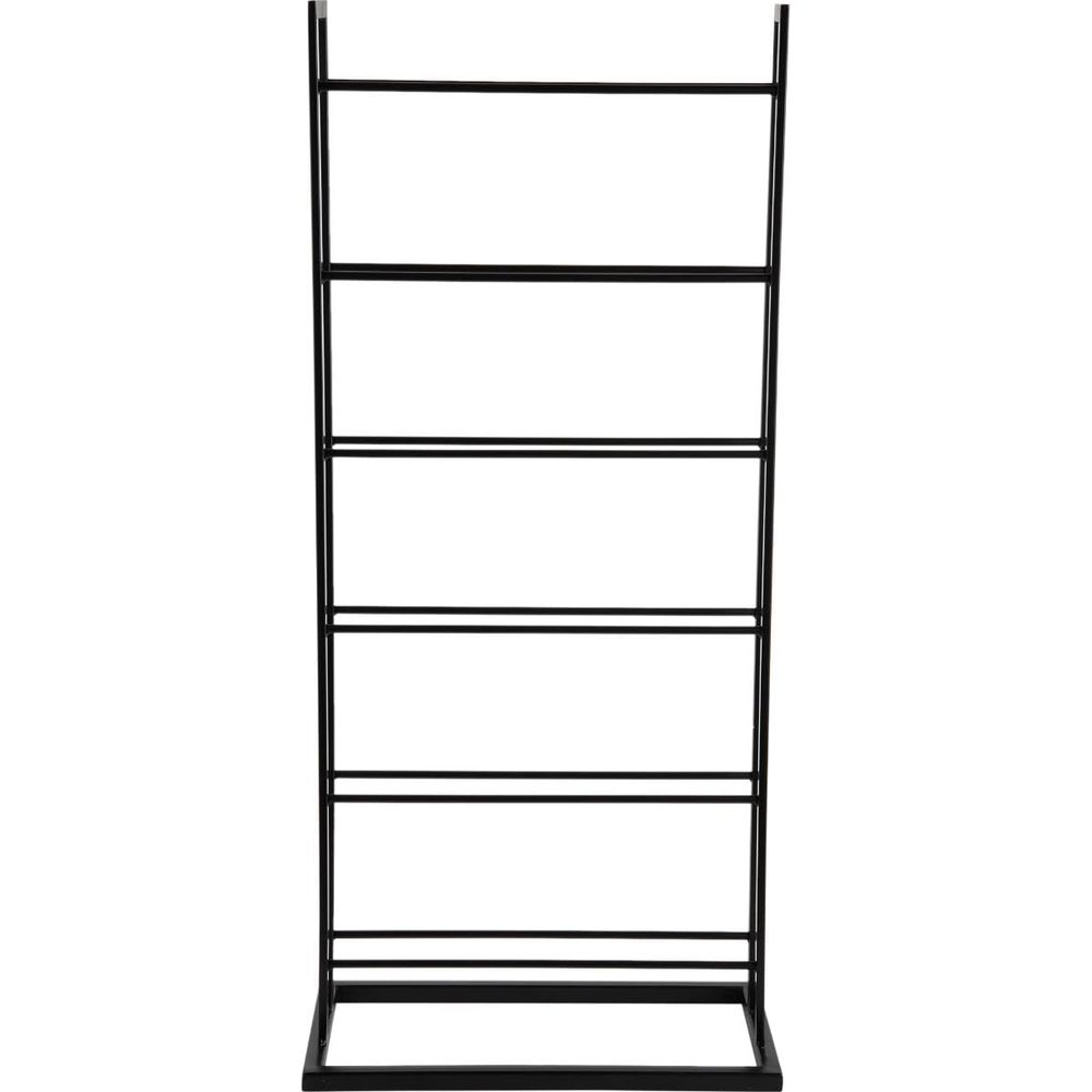 Una scaffalatura nera a cinque livelli su sfondo bianco.