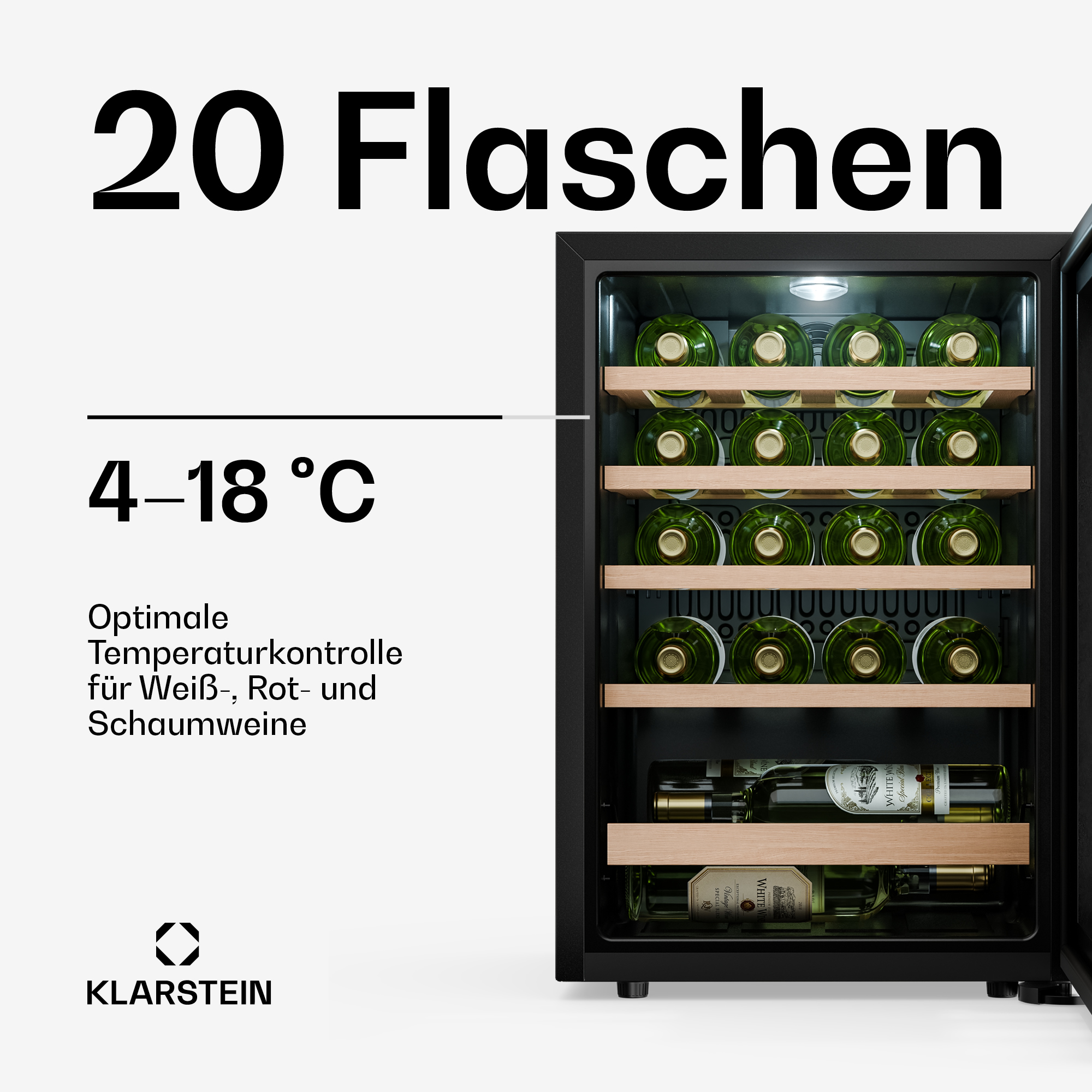 Frigorifero per vino 20 bottiglie, 4-18°C, con ripiani in legno. Logo Klarstein.