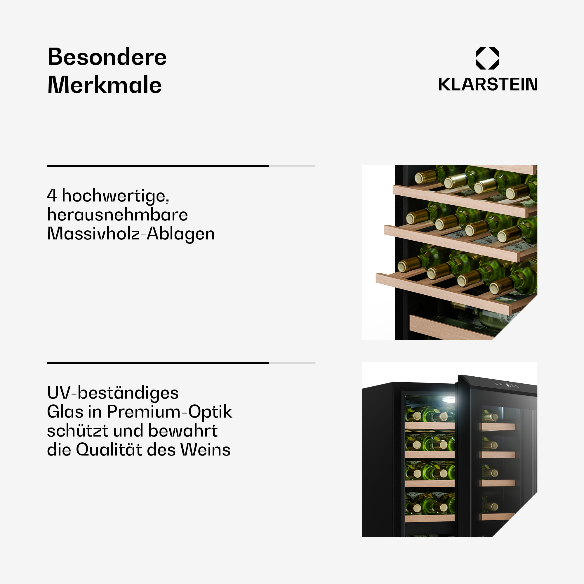 Cantinetta vino con 4 ripiani in legno e porta in vetro, mostra bottiglie.
