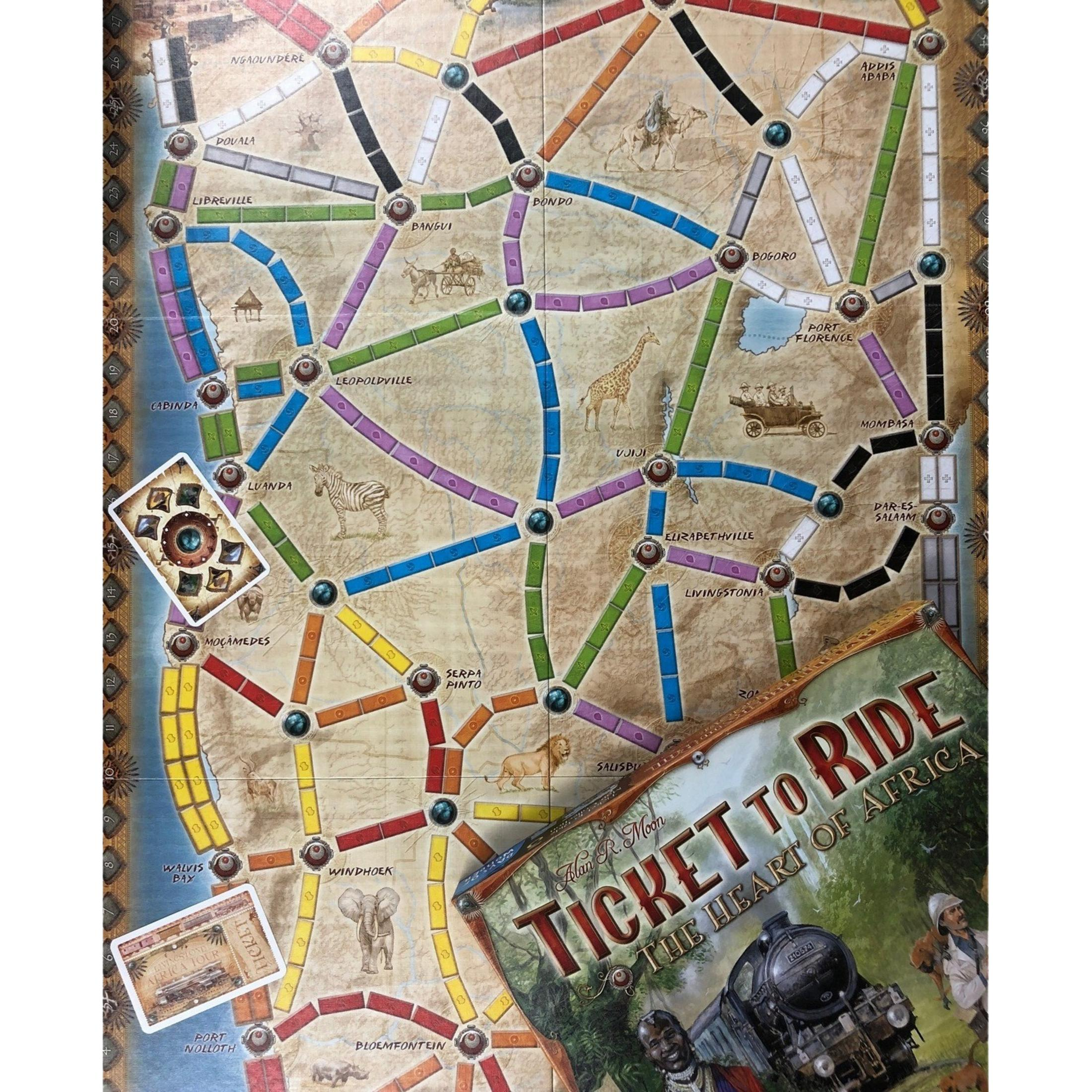 Brettspiel "Ticket to Ride: The Heart of Africa" mit Karte und Zugschienen.