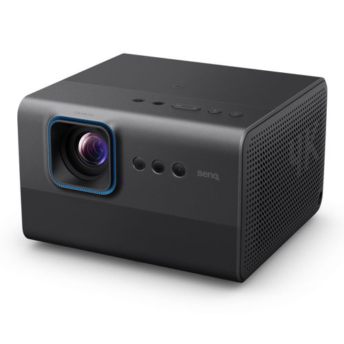 Schwarzer BenQ-Projektor mit Linse, Tasten und Lüftungsgitter.