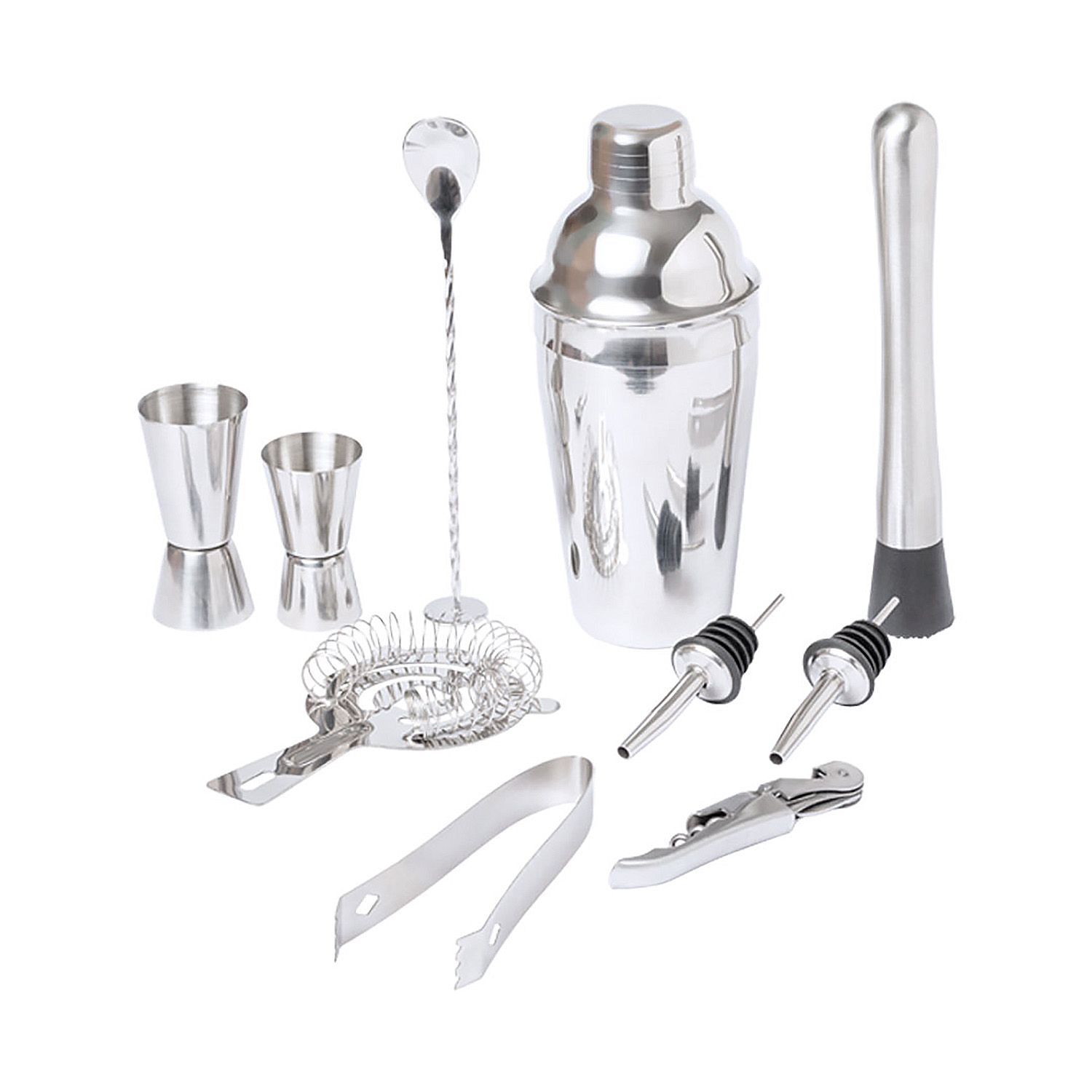 Un set di attrezzi da bar argentati tra cui uno shaker, misurini, colino, pinze per ghiaccio, cavatappi e versatori.