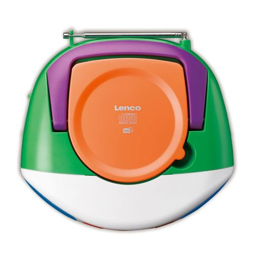 Ein bunter Lenco CD-Player mit Radio in Grün, Lila und Orange.
