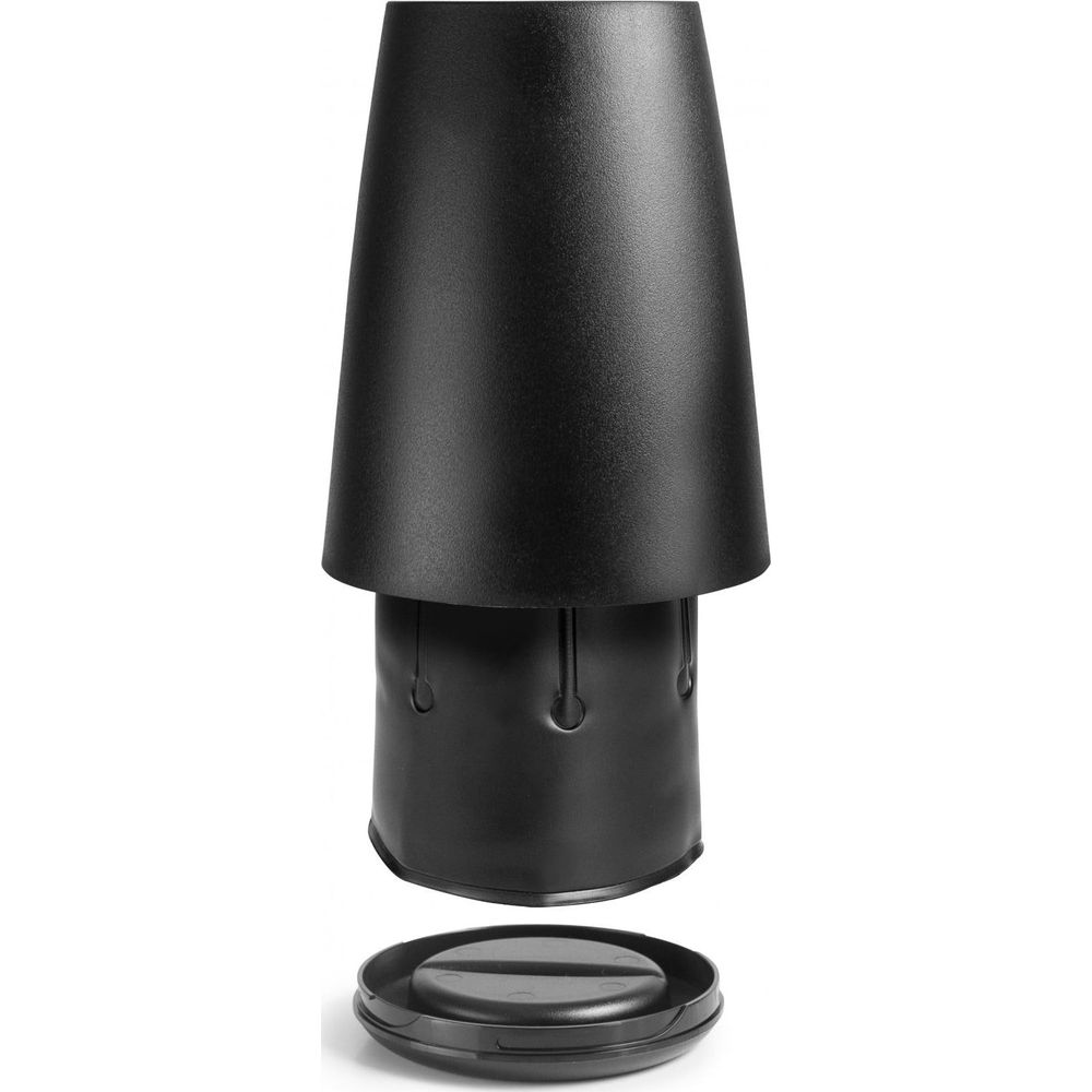 Top conico nero con base cilindrica e tappo inferiore, isolato.