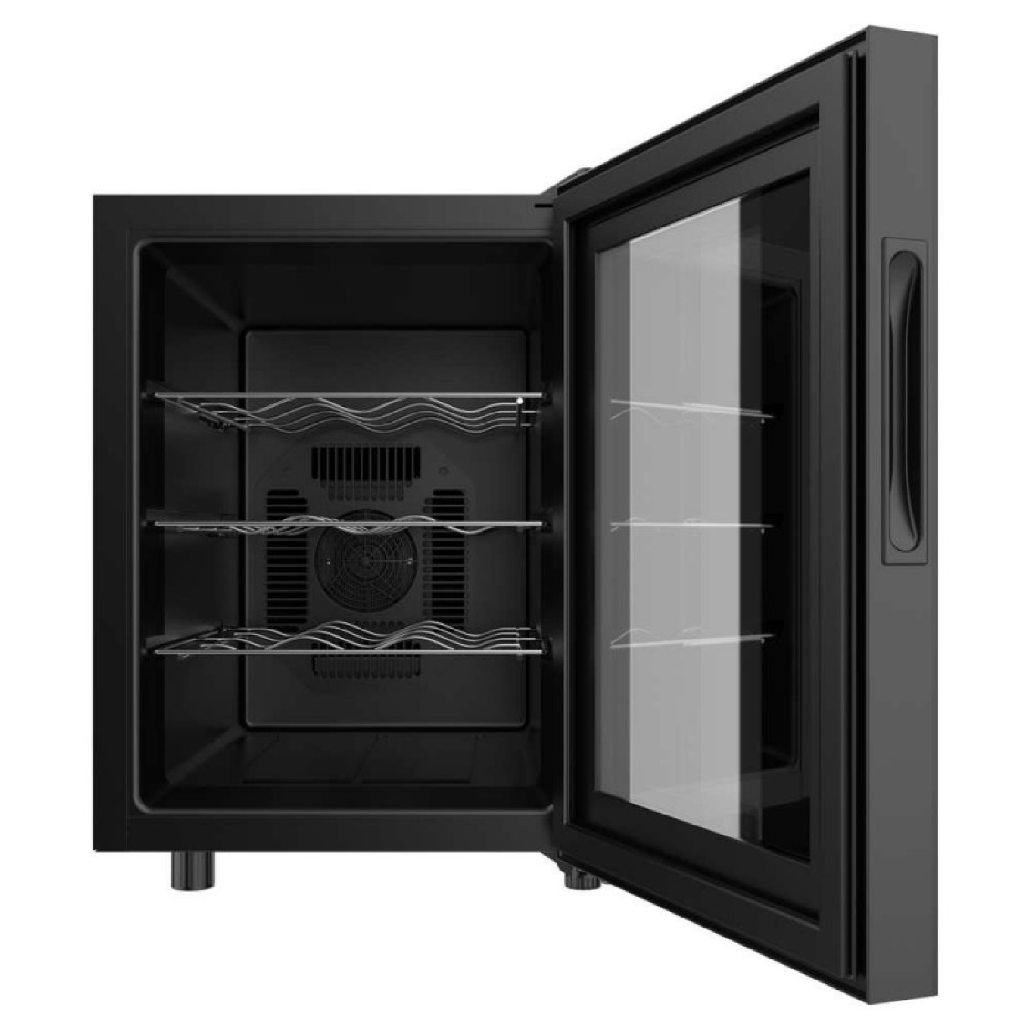 Mini frigorifero nero con porta aperta e frontale in vetro, tre ripiani.