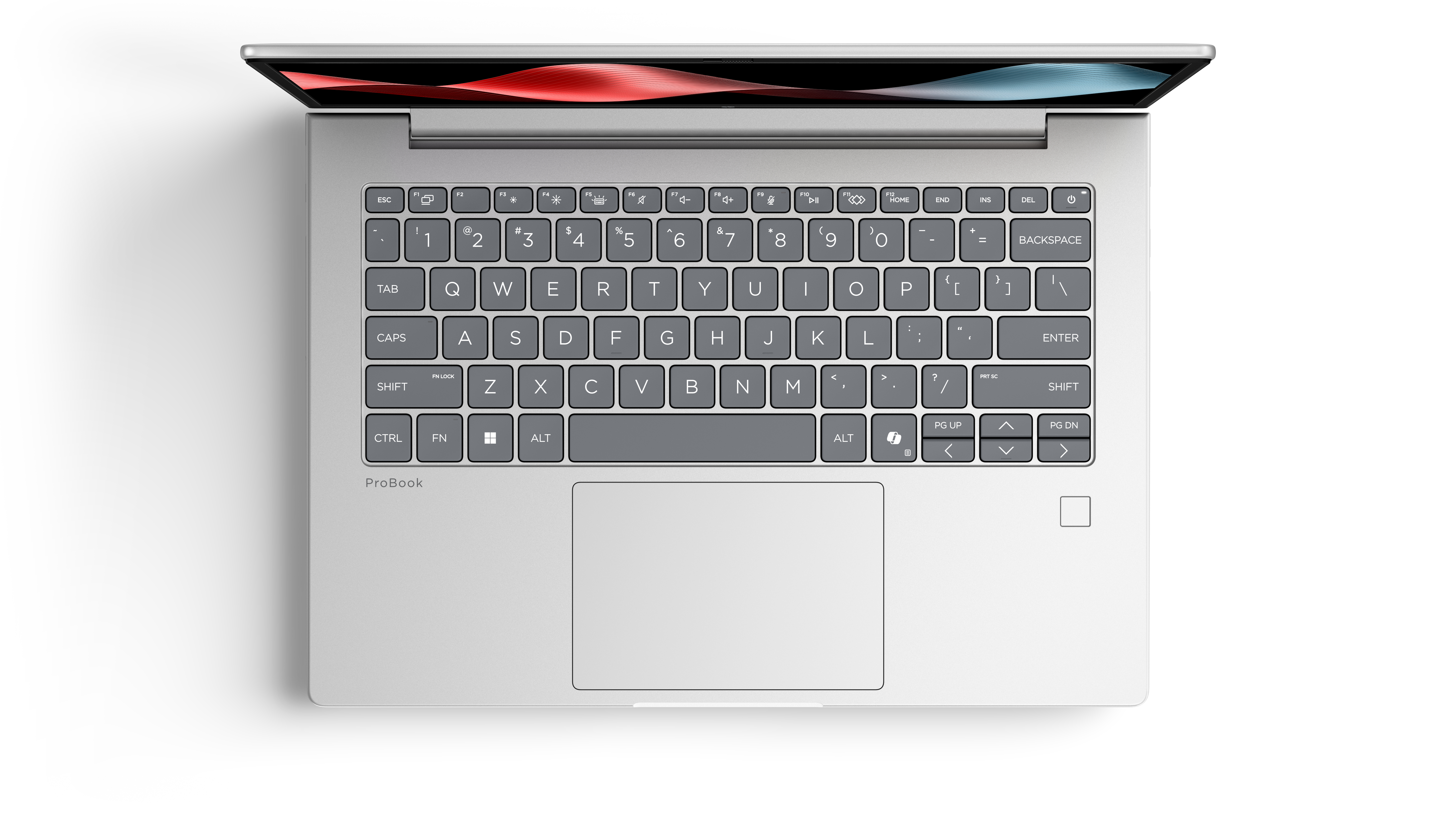 Un laptop argentato aperto con tastiera e touchpad, mostra un motivo rosso e blu sullo schermo.