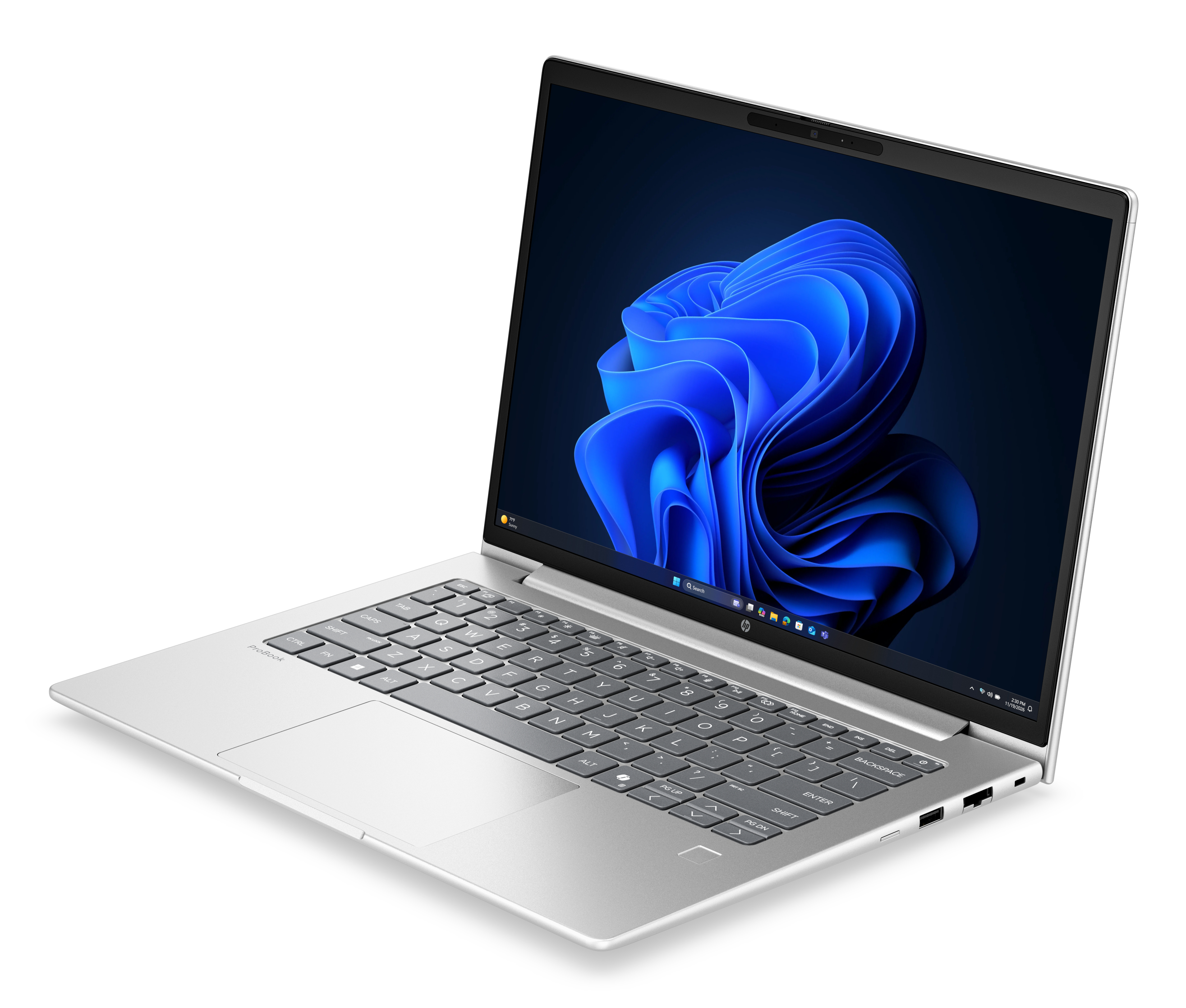 Un laptop argentato con uno sfondo blu visualizzato sullo schermo.