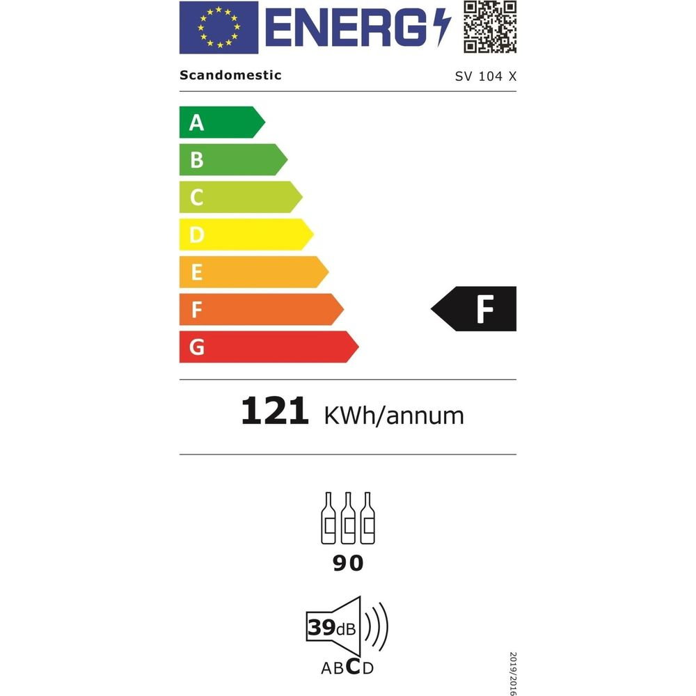 Étiquette énergie: Scandomestic SV 104 X, Classe F, 121 kWh/an, 90 L, 39 dB.