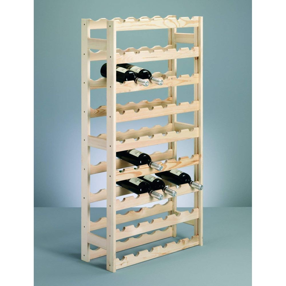 Una rastrelliera per vino in legno con 6 bottiglie di vino sugli scaffali.