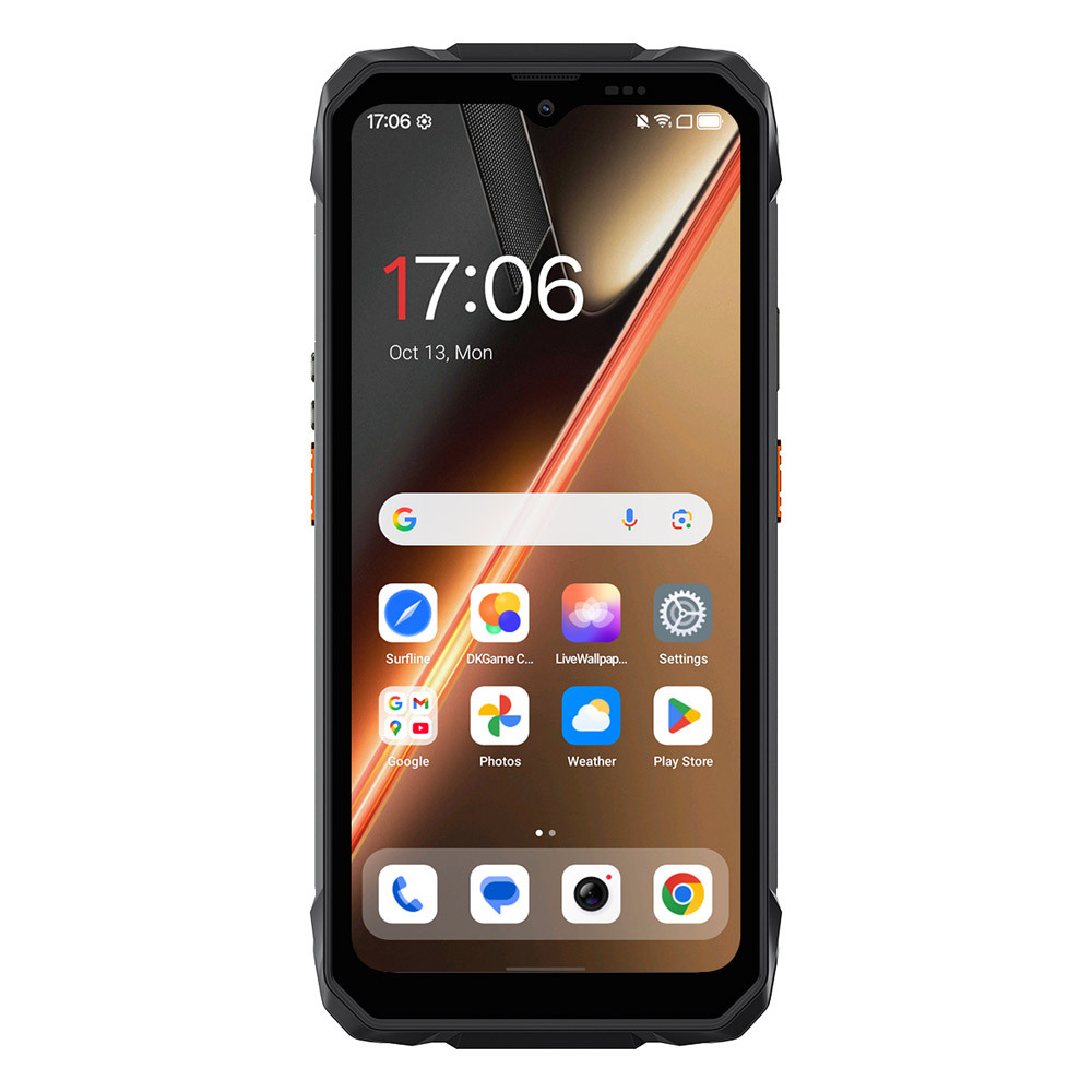 Uno smartphone nero con accento arancione che mostra la schermata iniziale.