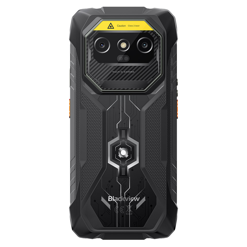 Retro di un robusto smartphone nero con modulo fotocamera e logo "Blackview".