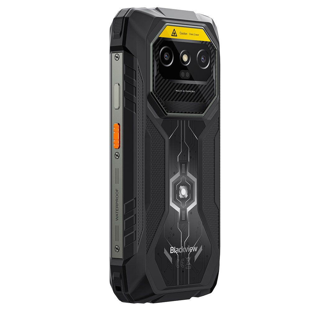 Smartphone robusto nero con configurazione multi-camera ed etichetta di avvertenza.