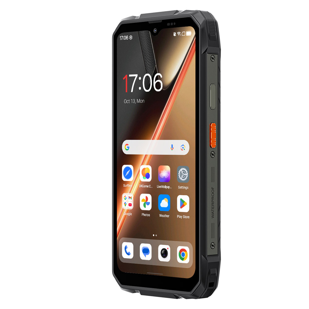 Uno smartphone robusto nero con accenti arancioni e la scritta WATERPROOF.