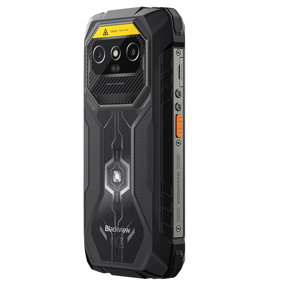 Retro di uno smartphone nero e robusto con tre fotocamere e scritta 'Shockproof'.