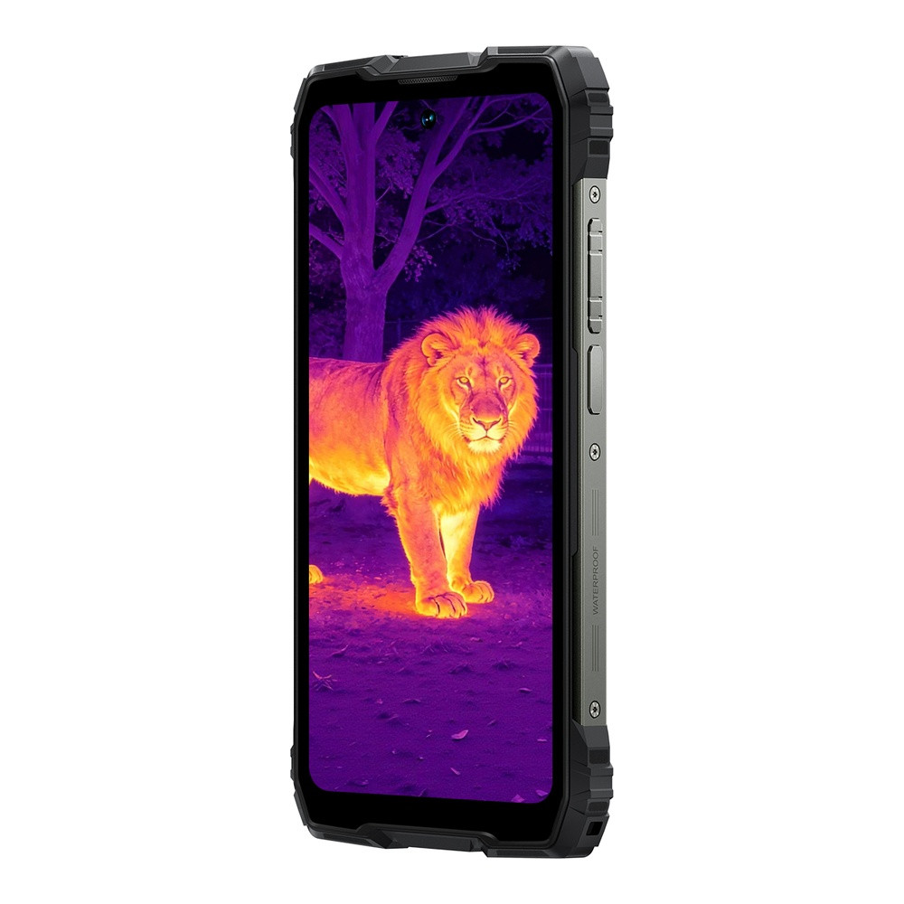 Uno smartphone robusto mostra un'immagine termica di un leone davanti a un albero.