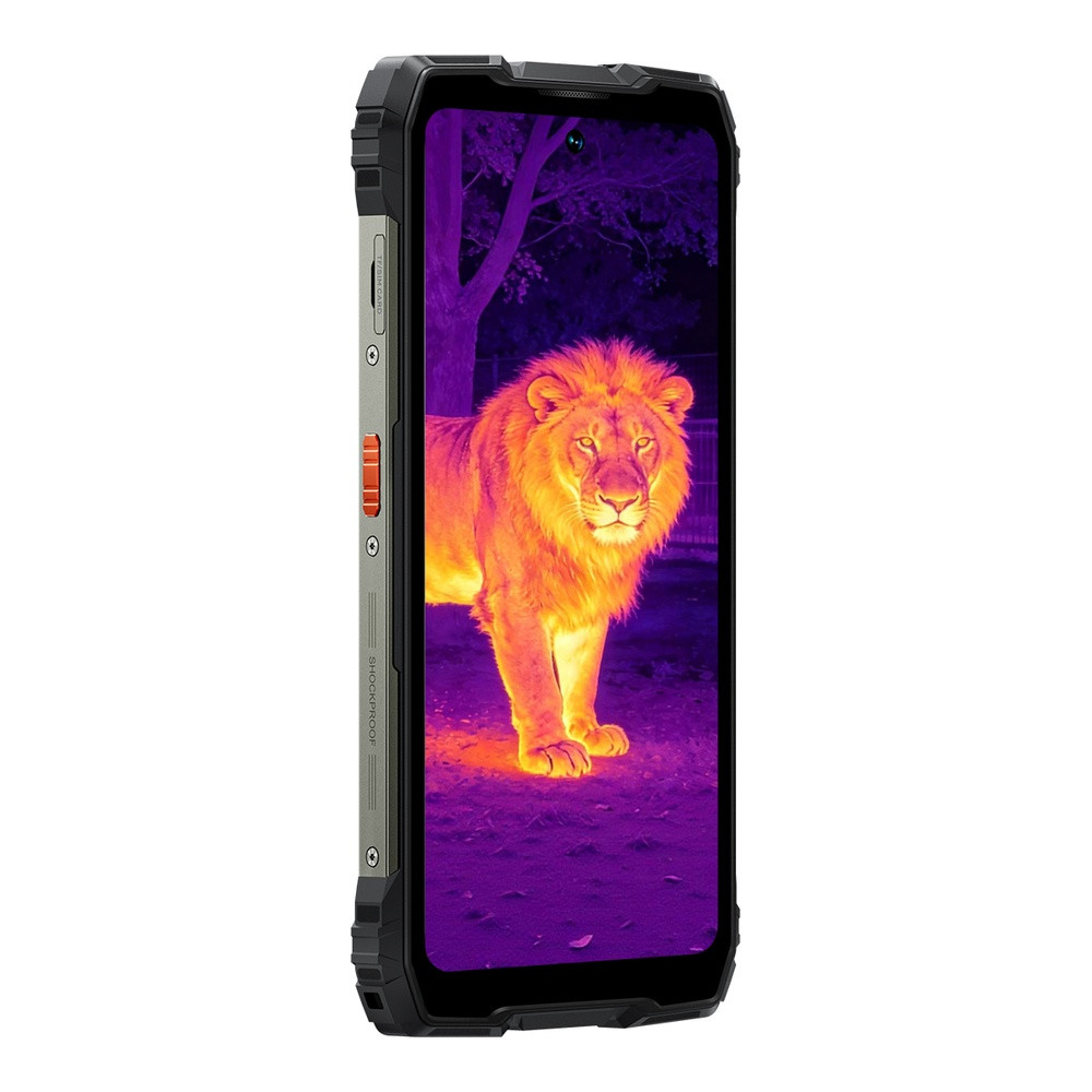 Uno smartphone con immagine termica di un leone sullo schermo.