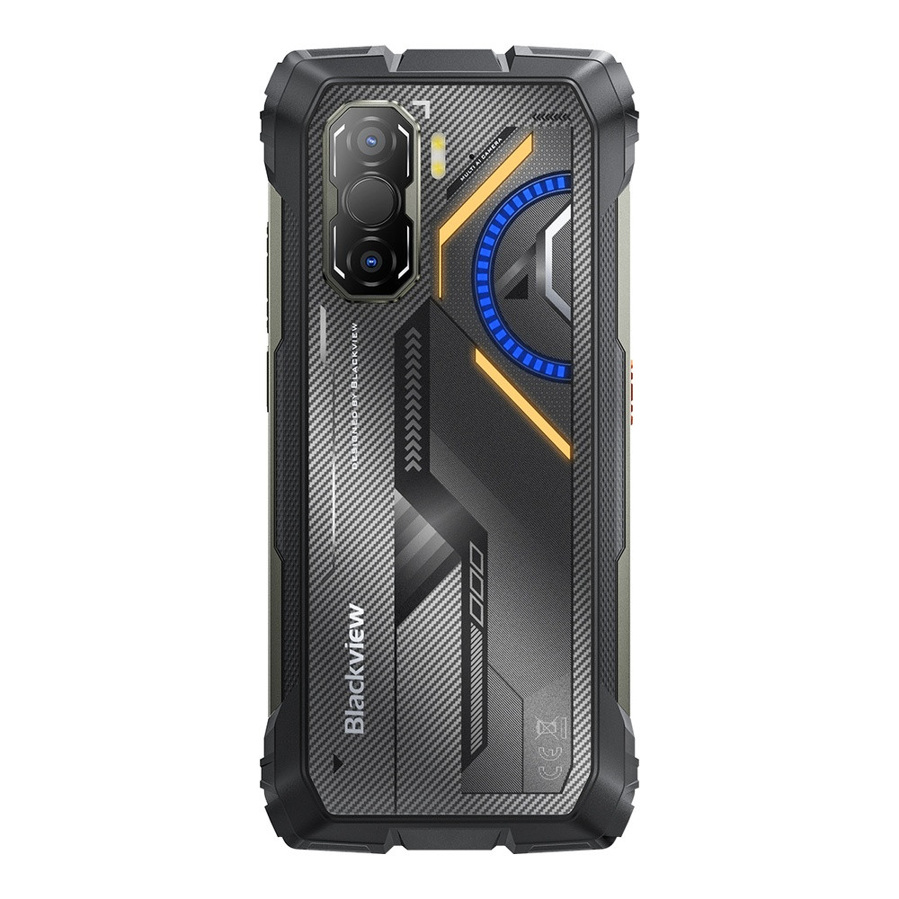 Retro di un robusto smartphone nero con fotocamera e accenti blu-gialli.