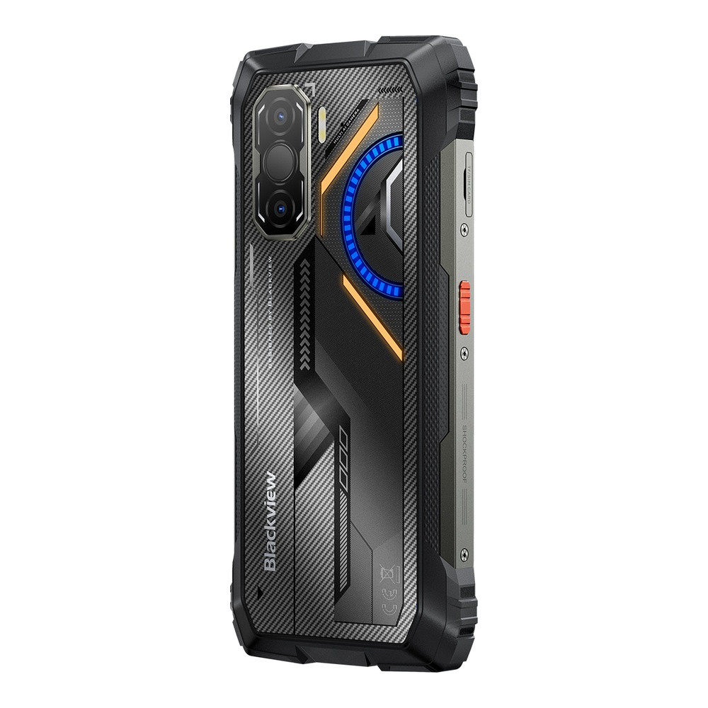 Smartphone nero robusto con retro accattivante, fotocamera e accenti blu-arancio.