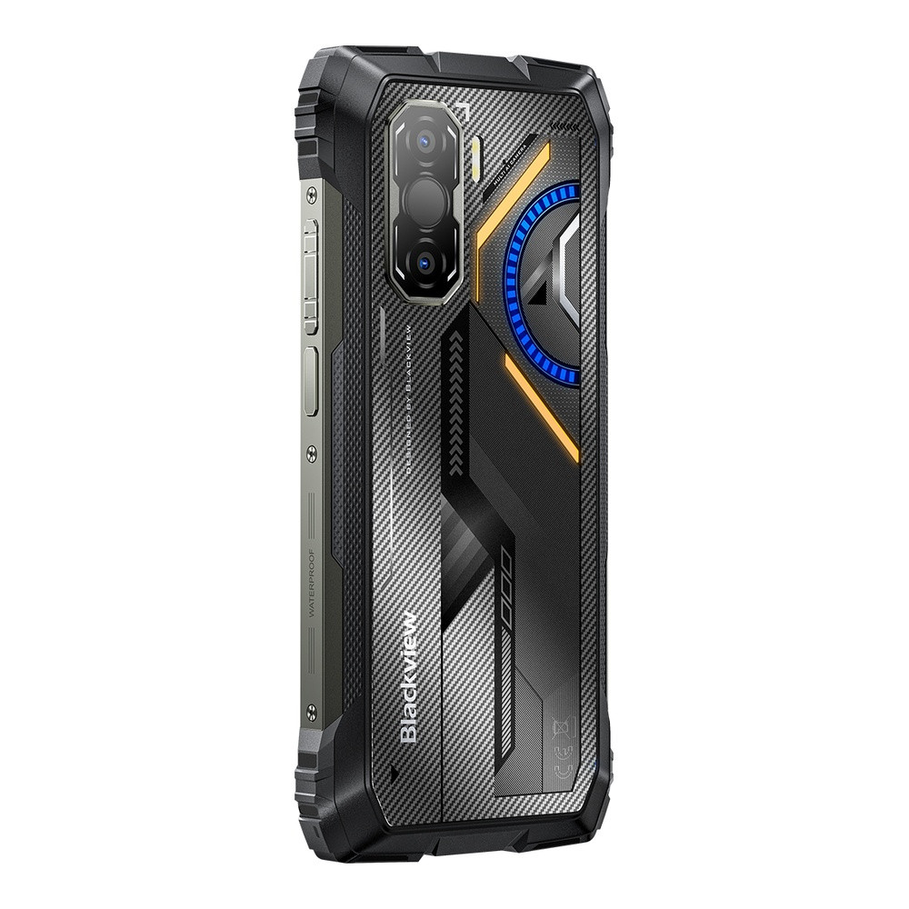 Smartphone robusto con finitura in carbonio nero, fotocamera e luci blu/arancioni.