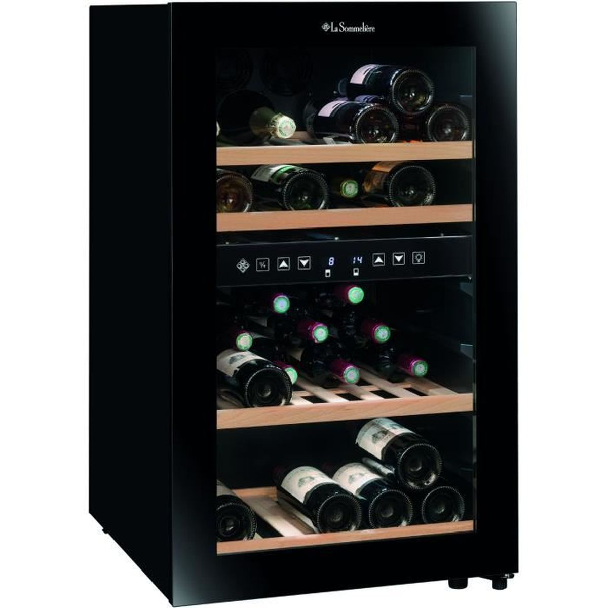 Una cantinetta nera con porta in vetro, riempita di bottiglie di vino su ripiani in legno.