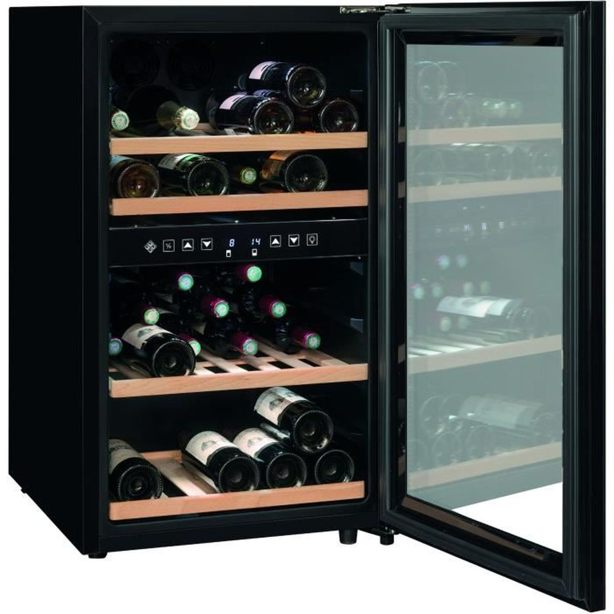 Una cantinetta nera con porta in vetro, piena di molte bottiglie.