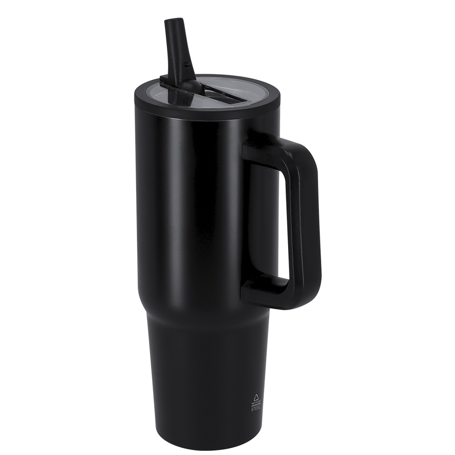 Vaso negro de acero inoxidable con asa y tapa de pajita.