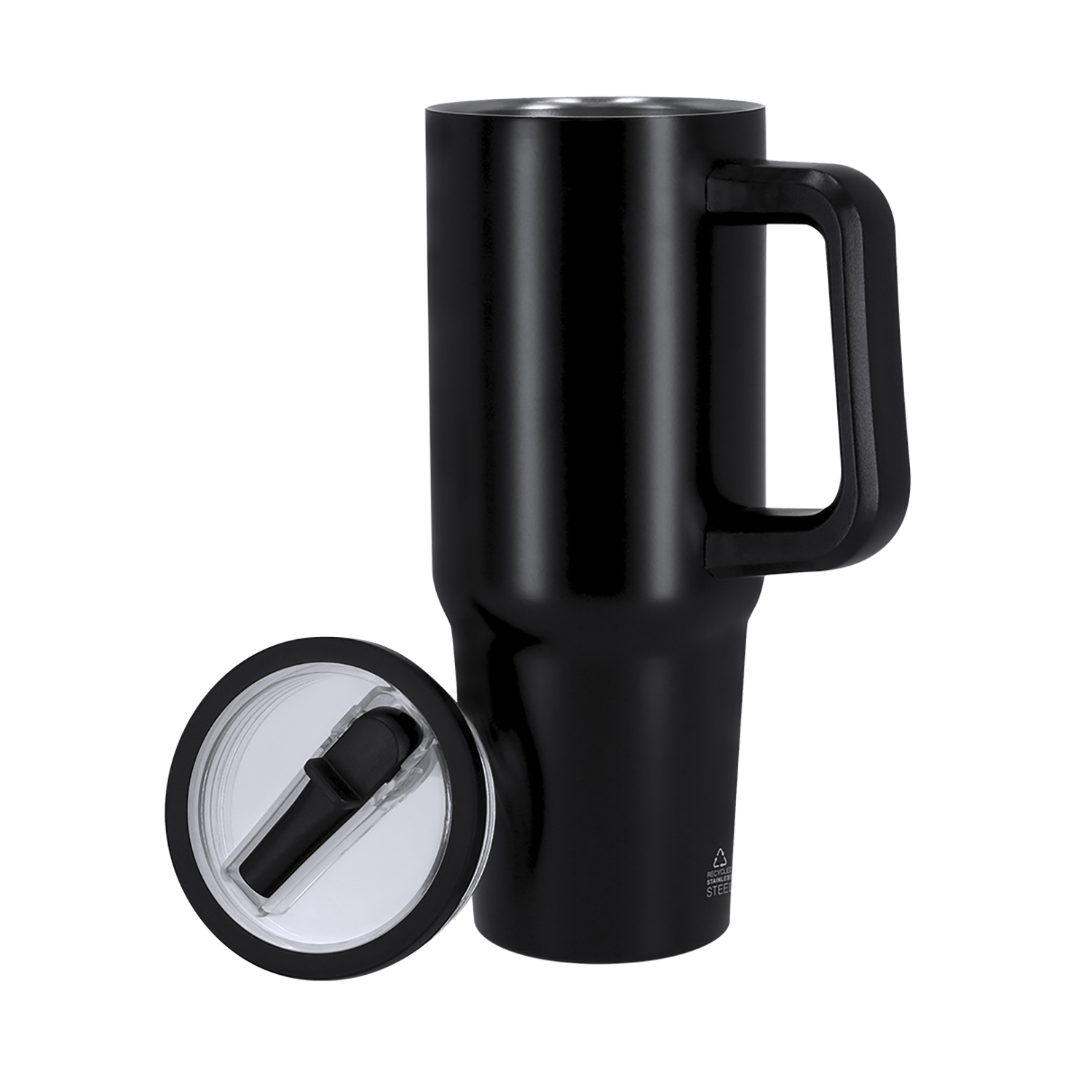 Un vaso térmico negro con asa y tapa separada.