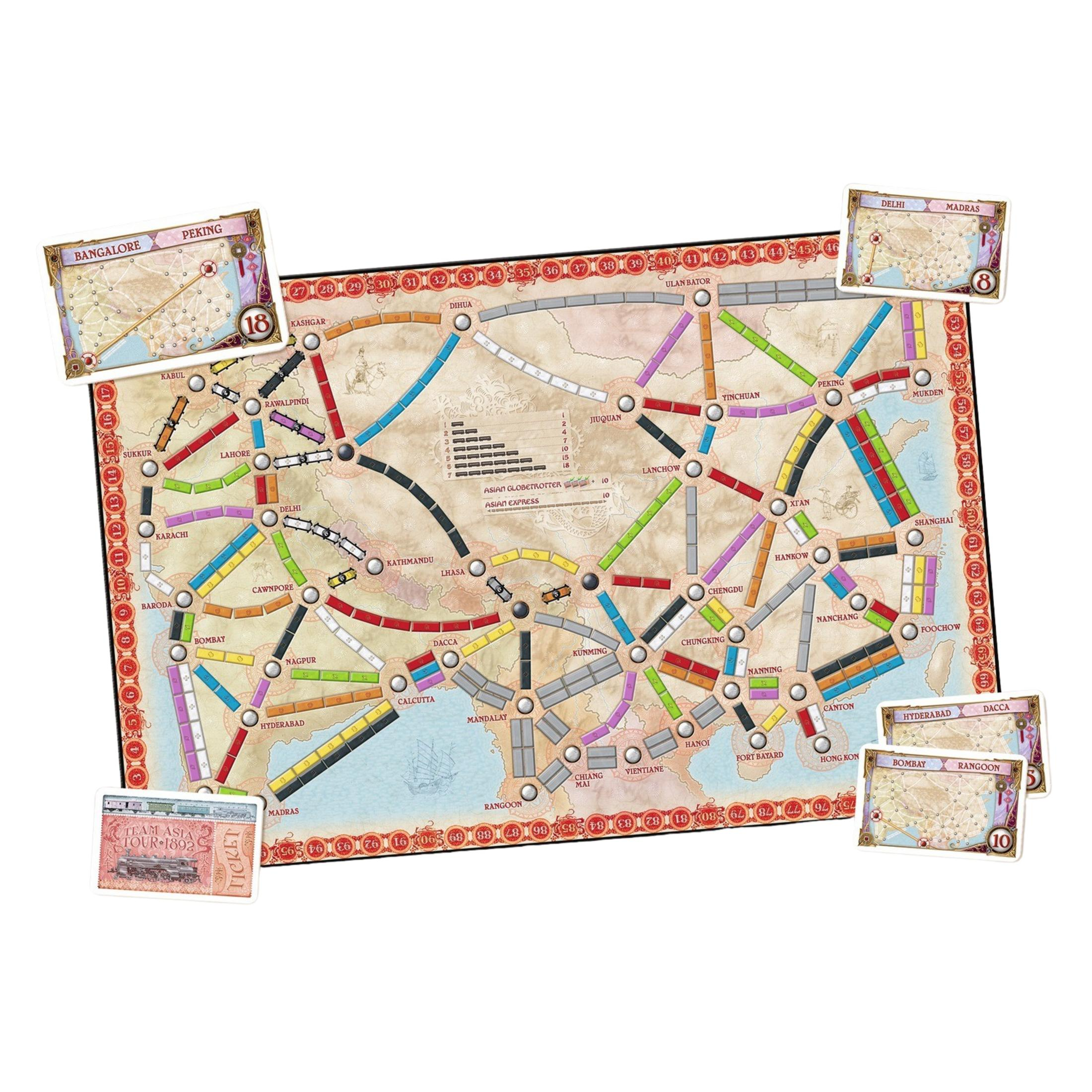 Eine Spielbrettkarte mit Zügen, Städten und Routen in Asien.