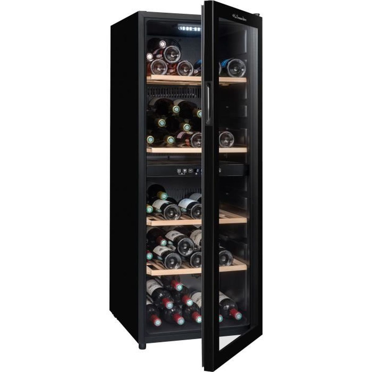 Una cantinetta nera con porta a vetro, piena di molte bottiglie di vino.