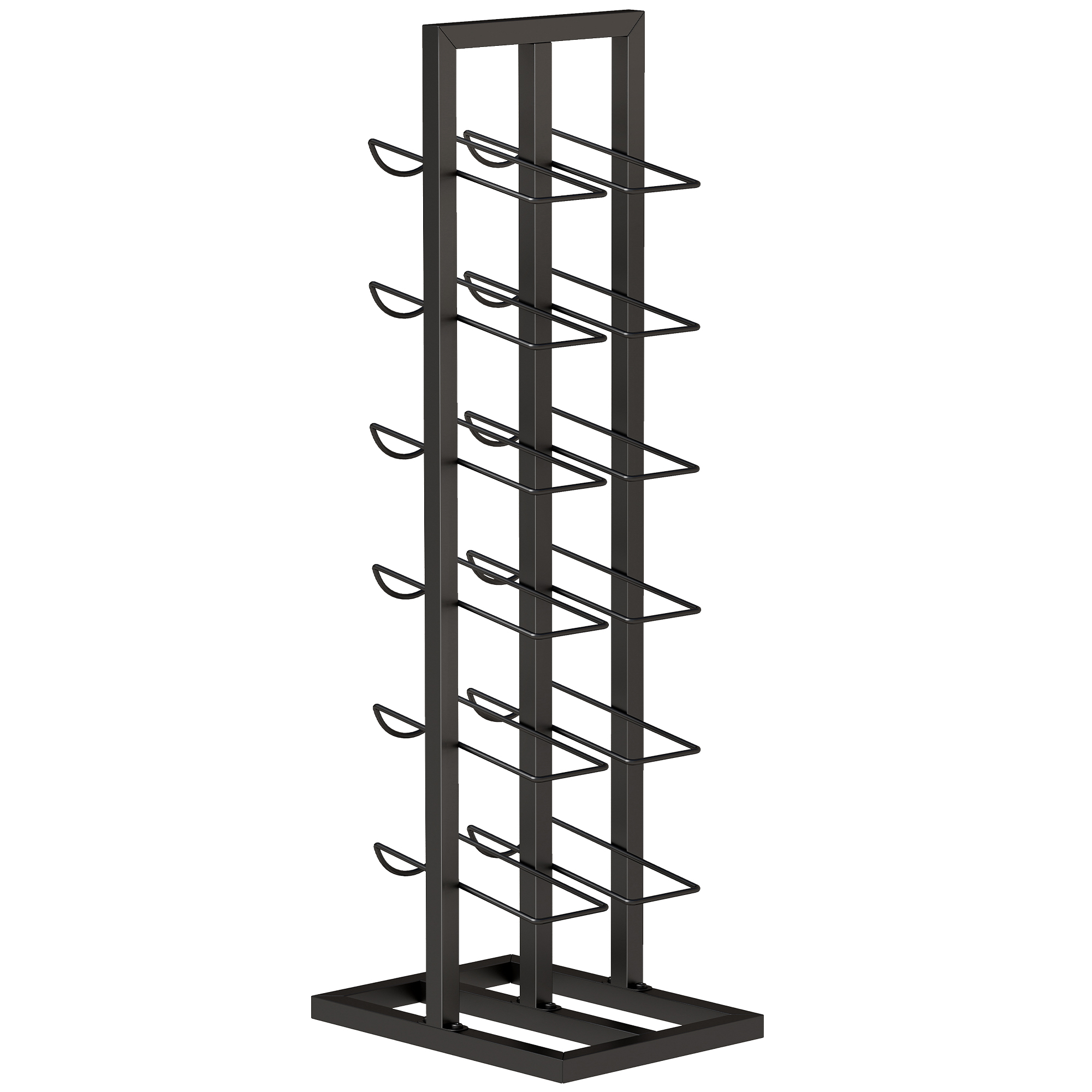 Un espositore metallico scuro a più livelli per cappelli o berretti.