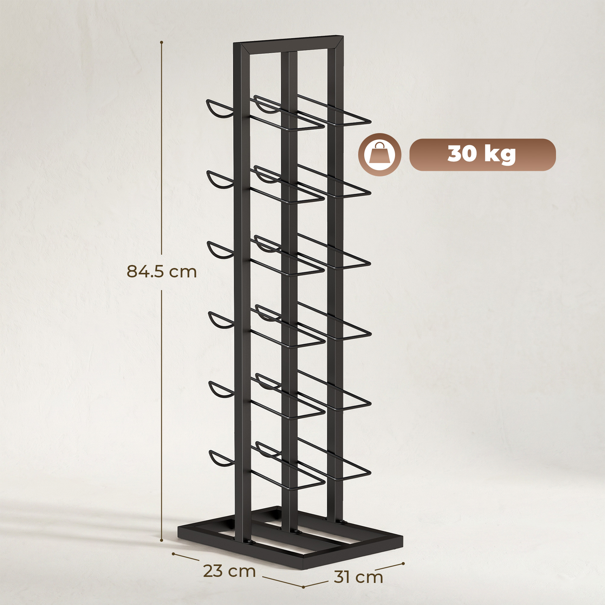 Portabottiglie nero e snello con 12 supporti.