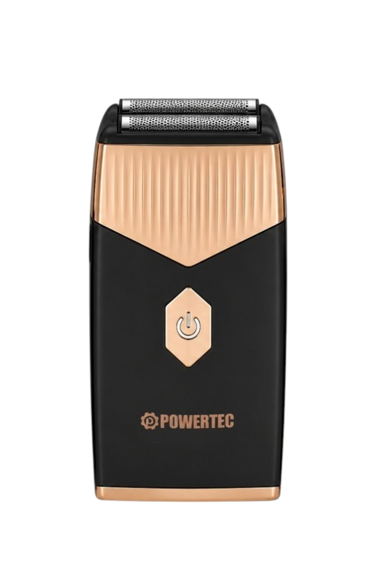 Üstte çift folyolu, siyah ve altın renkli elektrikli tıraş makinesi ve güç düğmesi.