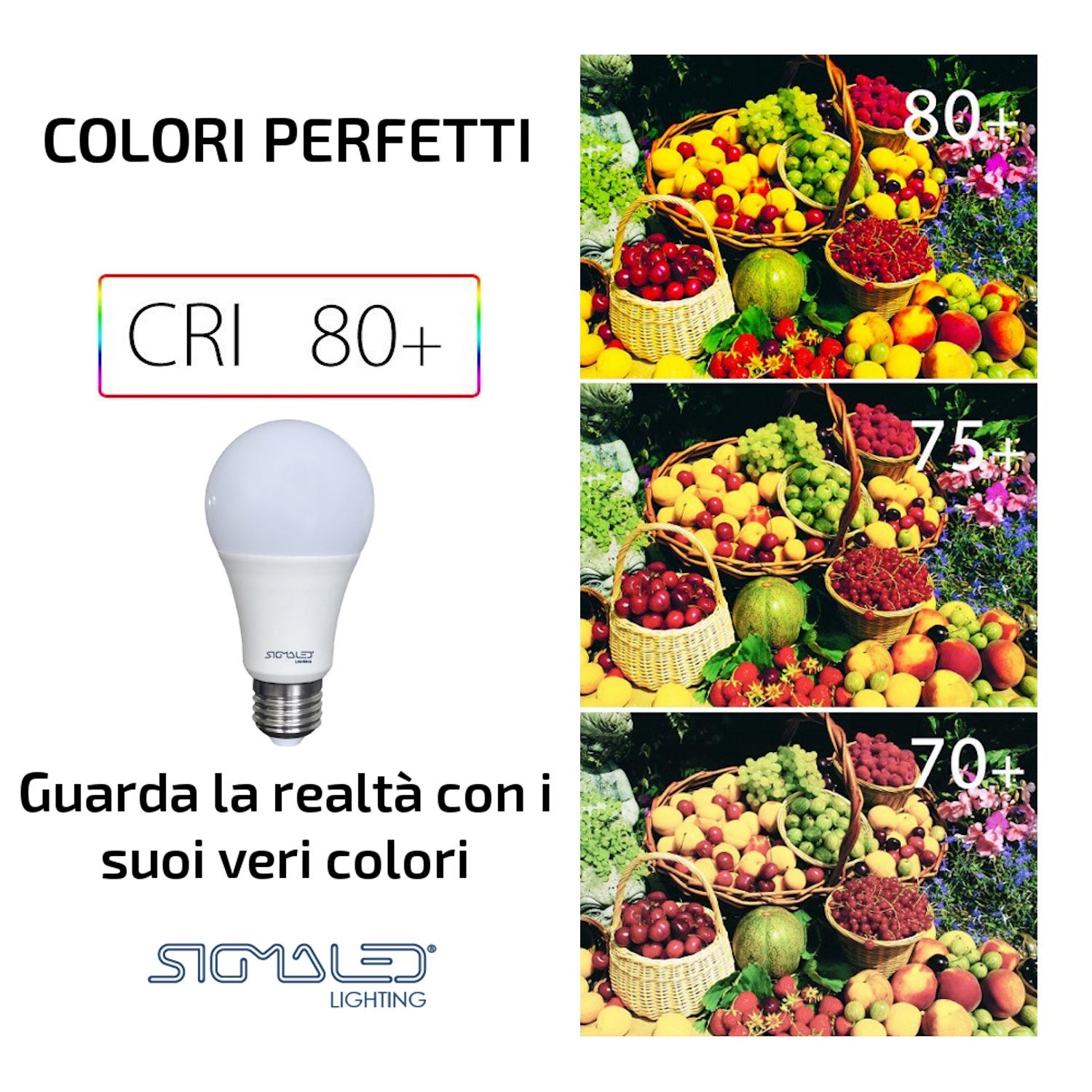 Logo lampadina con cesti di frutta. CRI 80+.