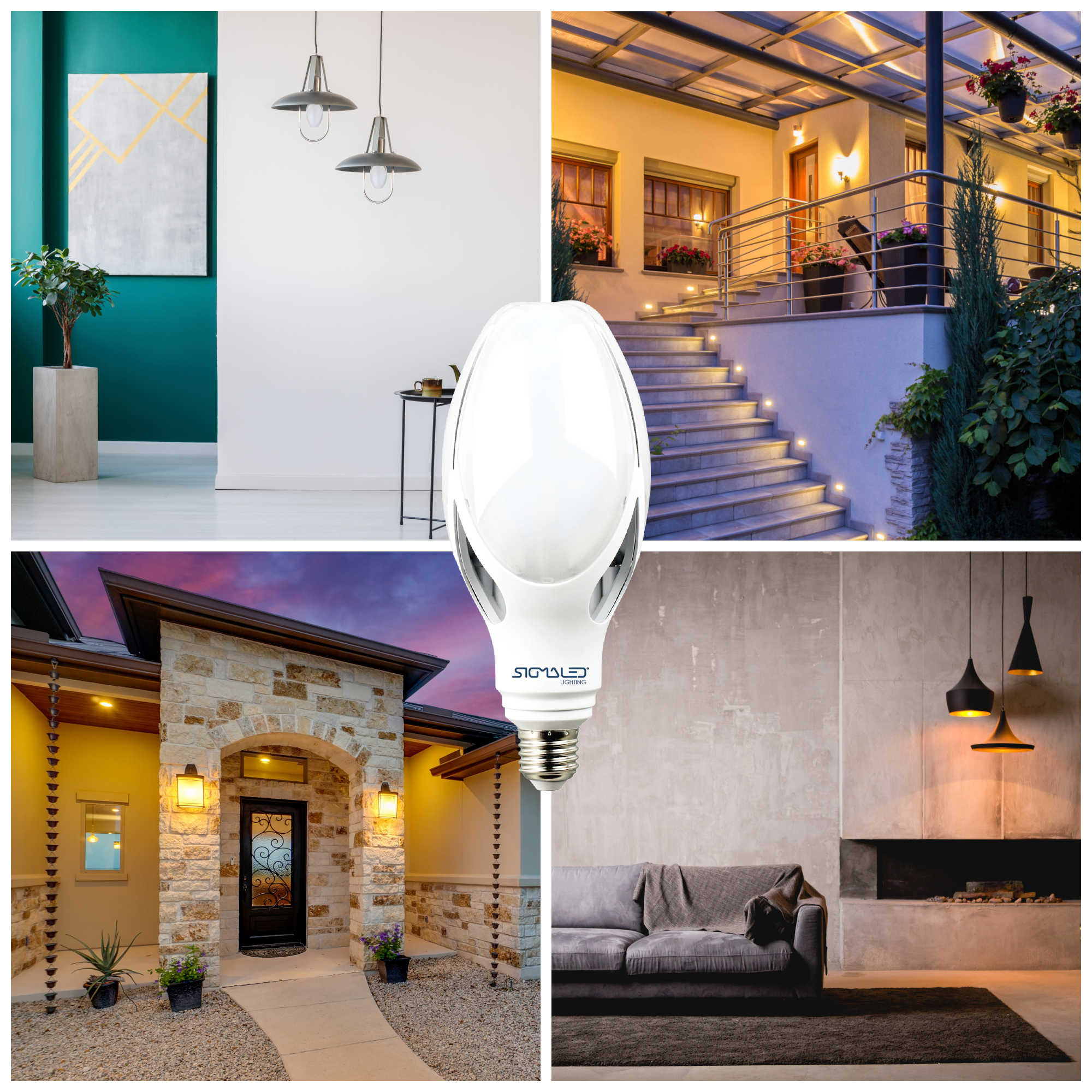 Collage di quattro immagini: soggiorno, scala, lampadina, ingresso.
