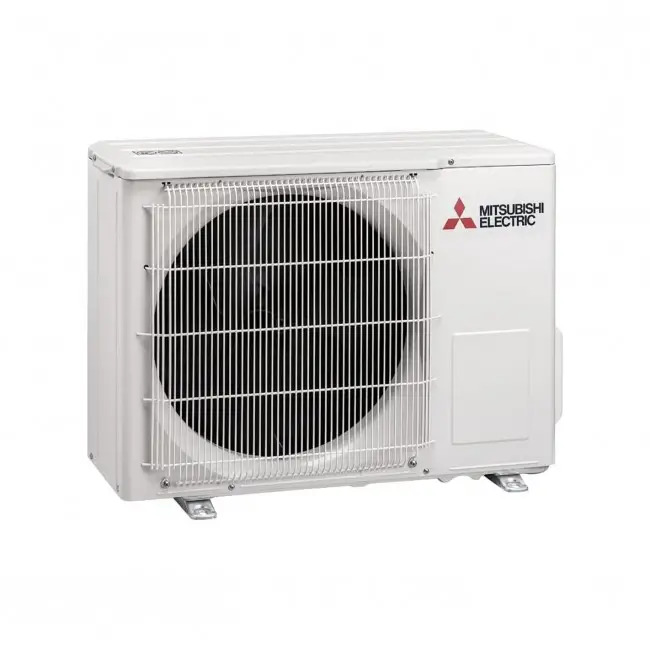 Unidad exterior blanca de aire acondicionado Mitsubishi Electric con ventilador grande.