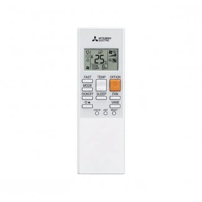 Un control remoto blanco Mitsubishi Electric con pantalla digital.