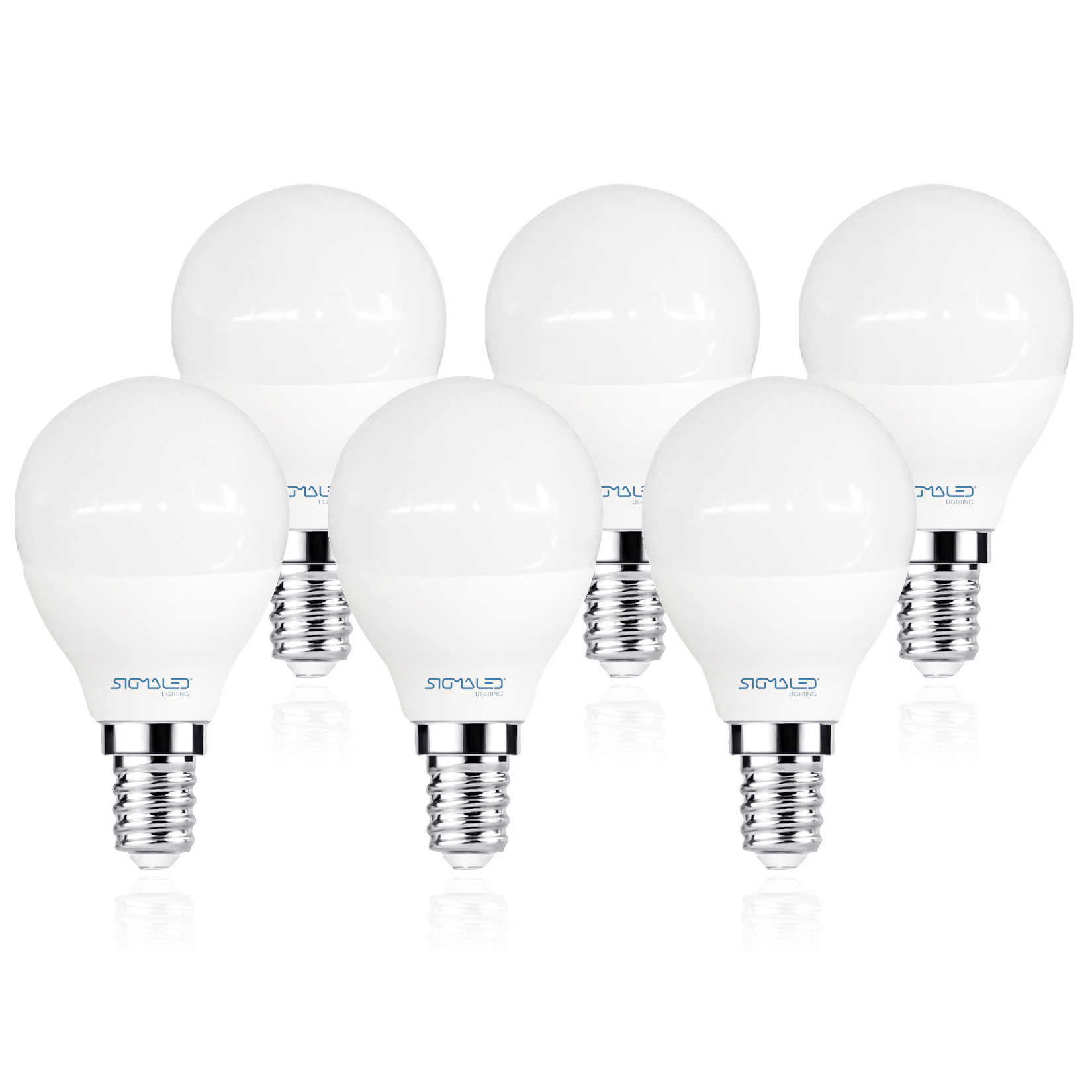 Sei lampadine a LED bianche con base a vite su sfondo bianco.