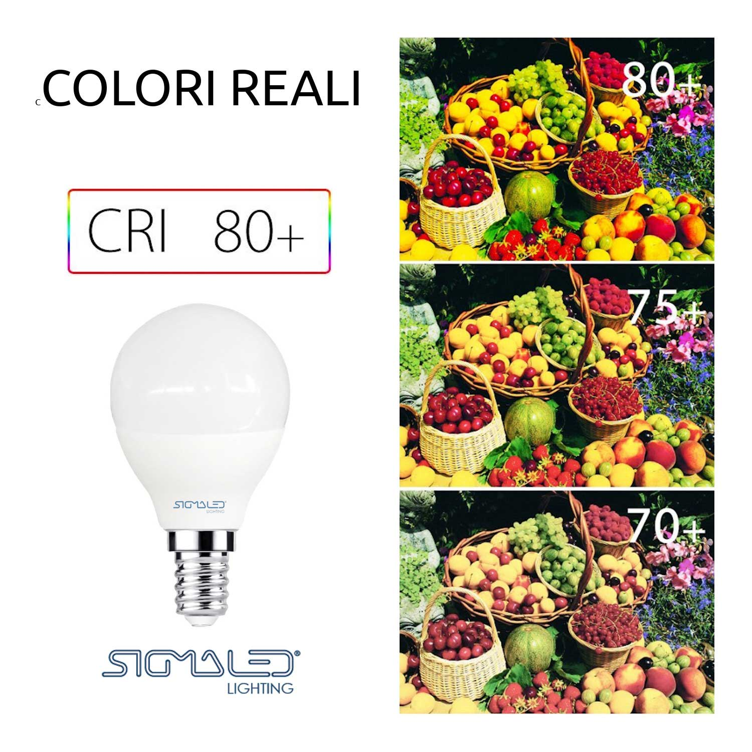 Lampadina LED con testo e cesti di frutta. CRI 80+ e 75+