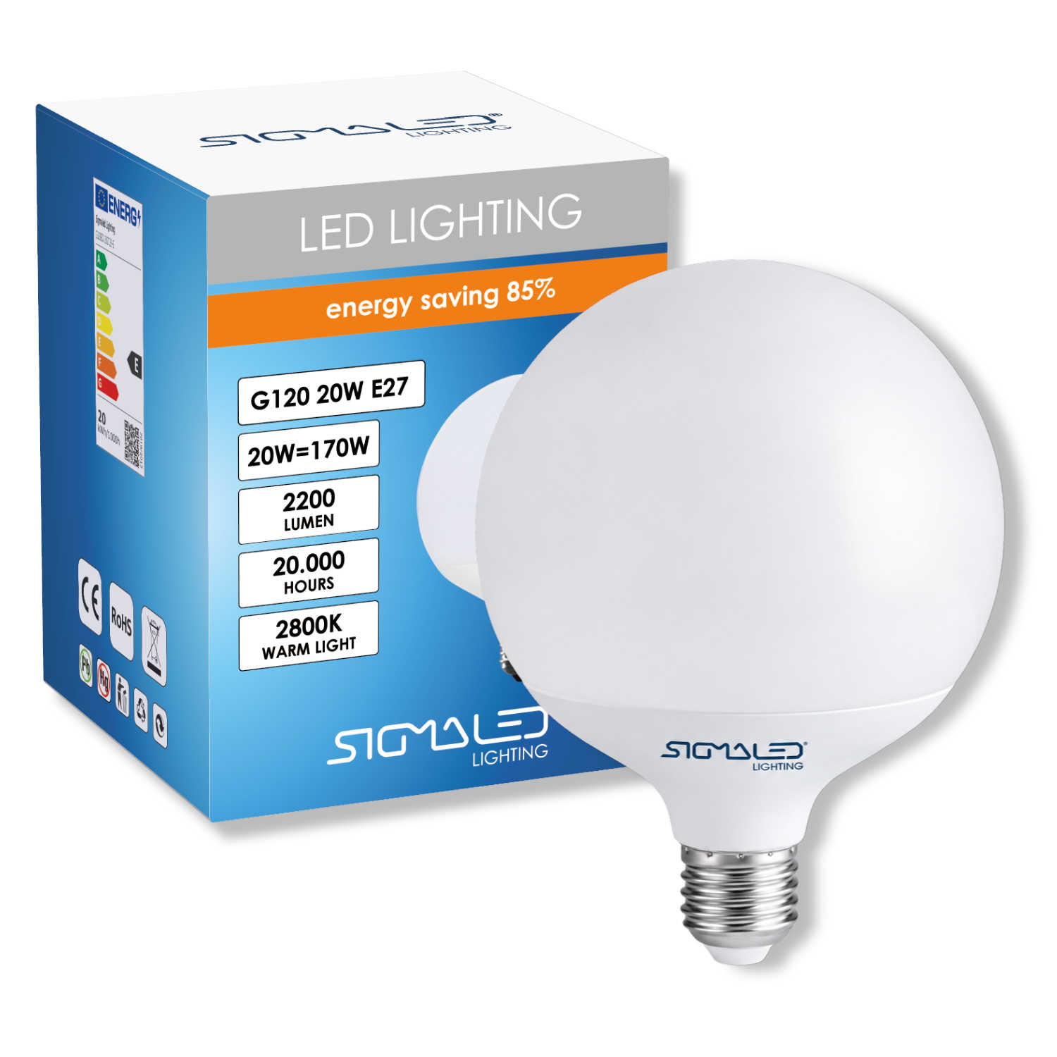 Una lampadina LED bianca accanto alla sua confezione "LED LIGHTING".