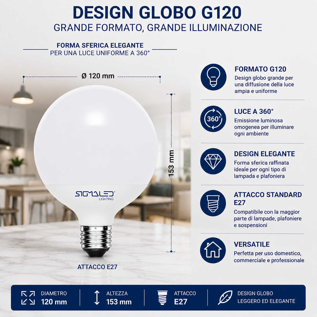 Lampadina G120 grande, diametro 120mm, altezza 153mm, attacco E27.