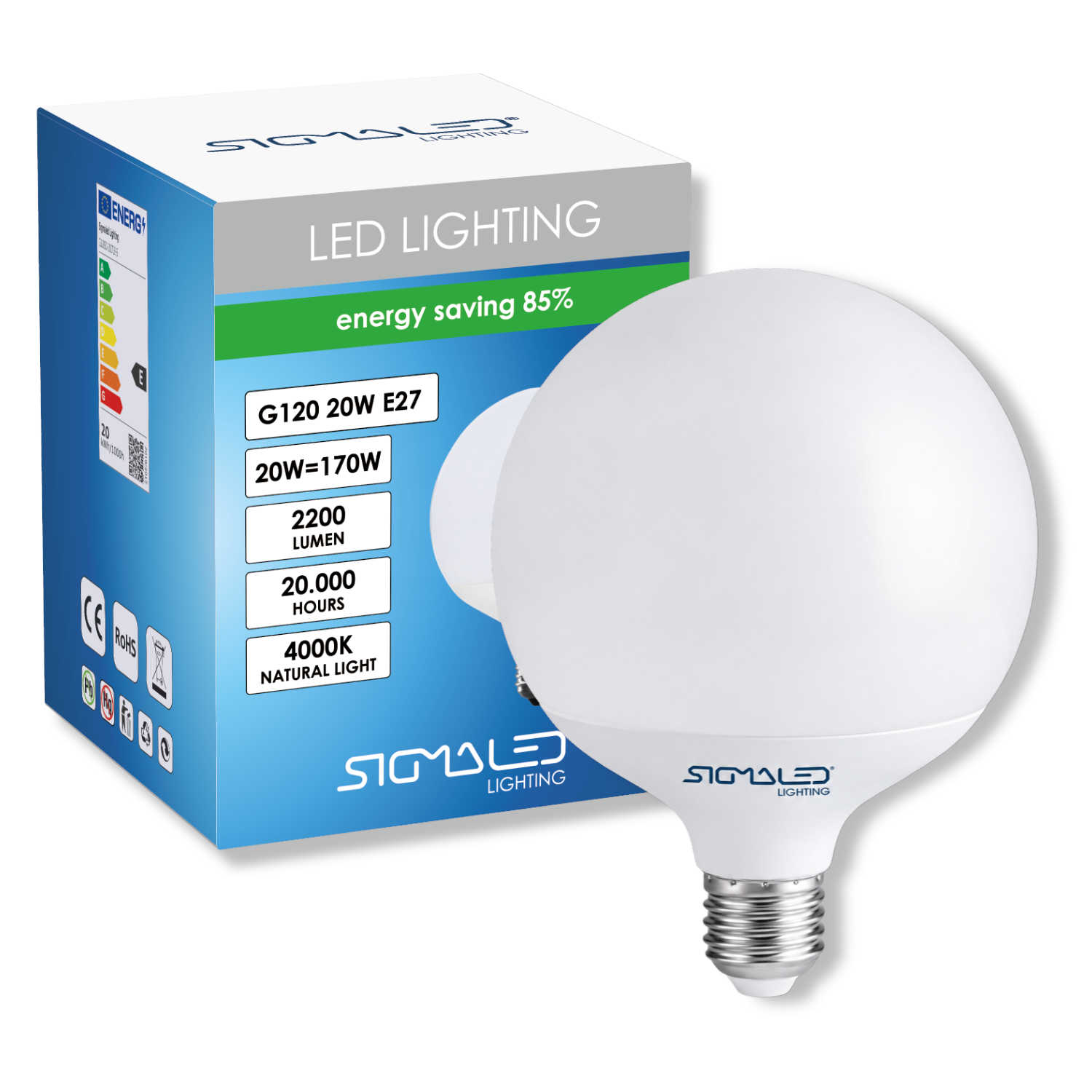 Una lampadina LED bianca con base E27 e la sua confezione accanto.