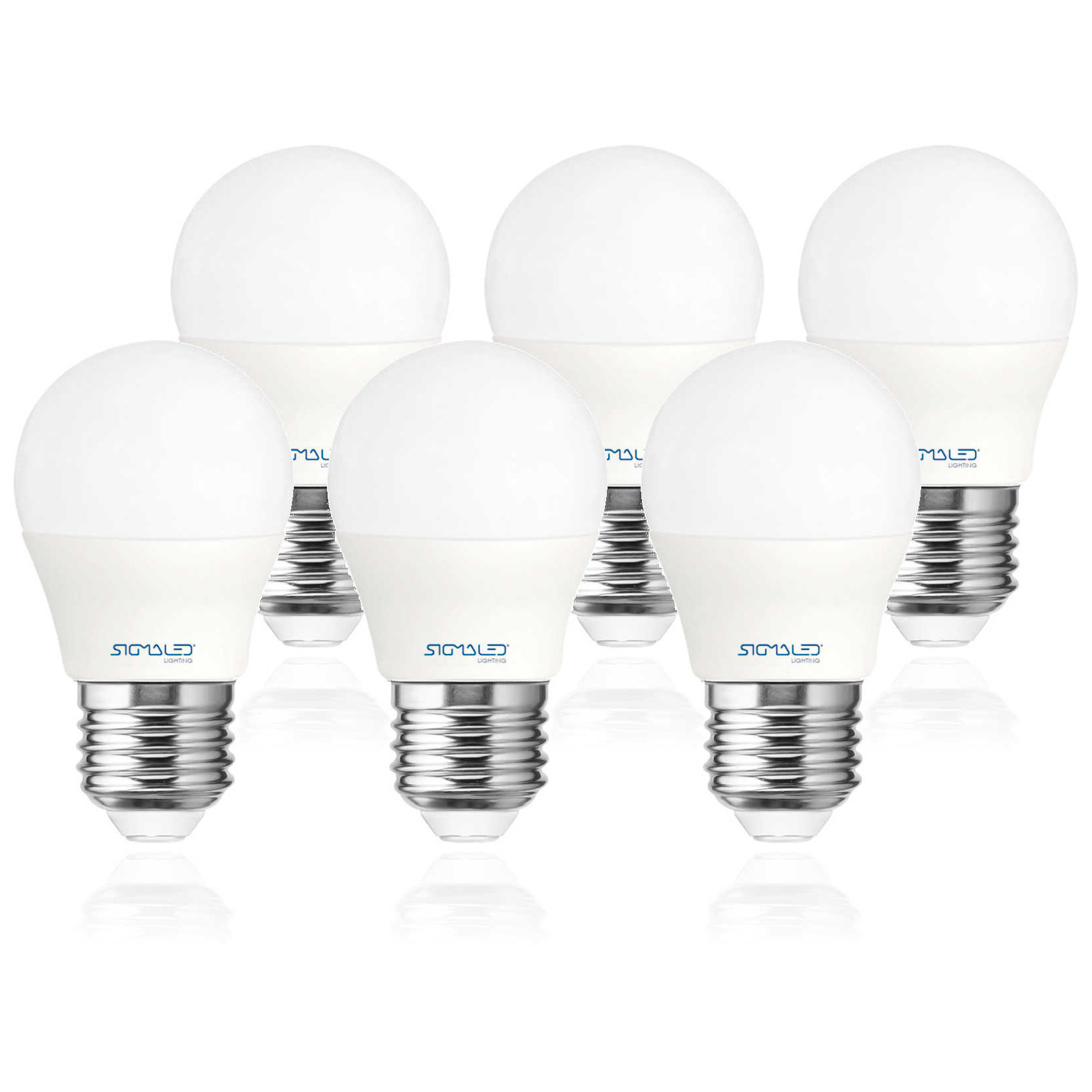 Sei lampadine LED bianche con base a vite disposte su sfondo bianco.