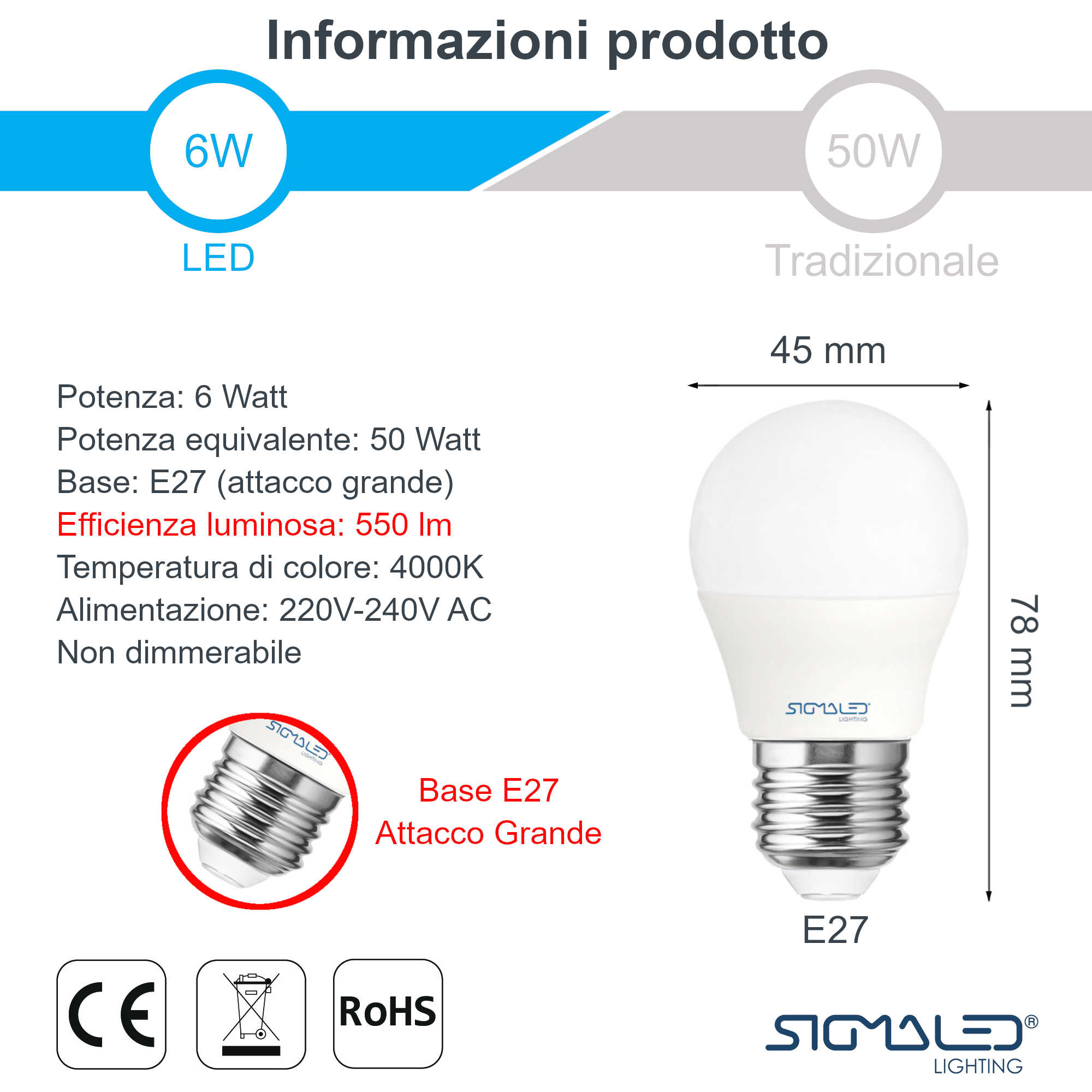 Lampadina LED, 6W, attacco E27, 550lm, 4000K, 220-240V, misure 45x78mm. CE, RoHS.