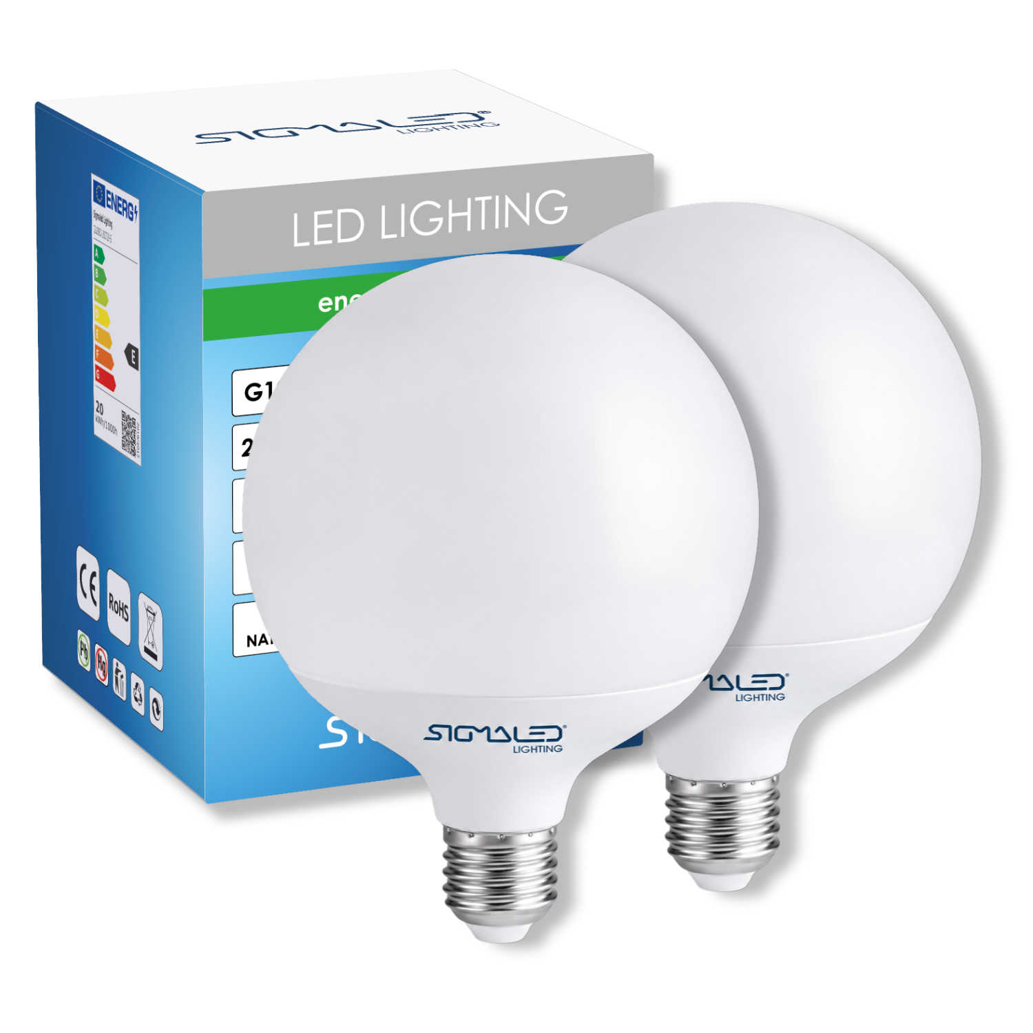Due lampadine LED bianche e una scatola blu con l'etichetta 'LED LIGHTING' e 'SIGNAL LIGHTING'.