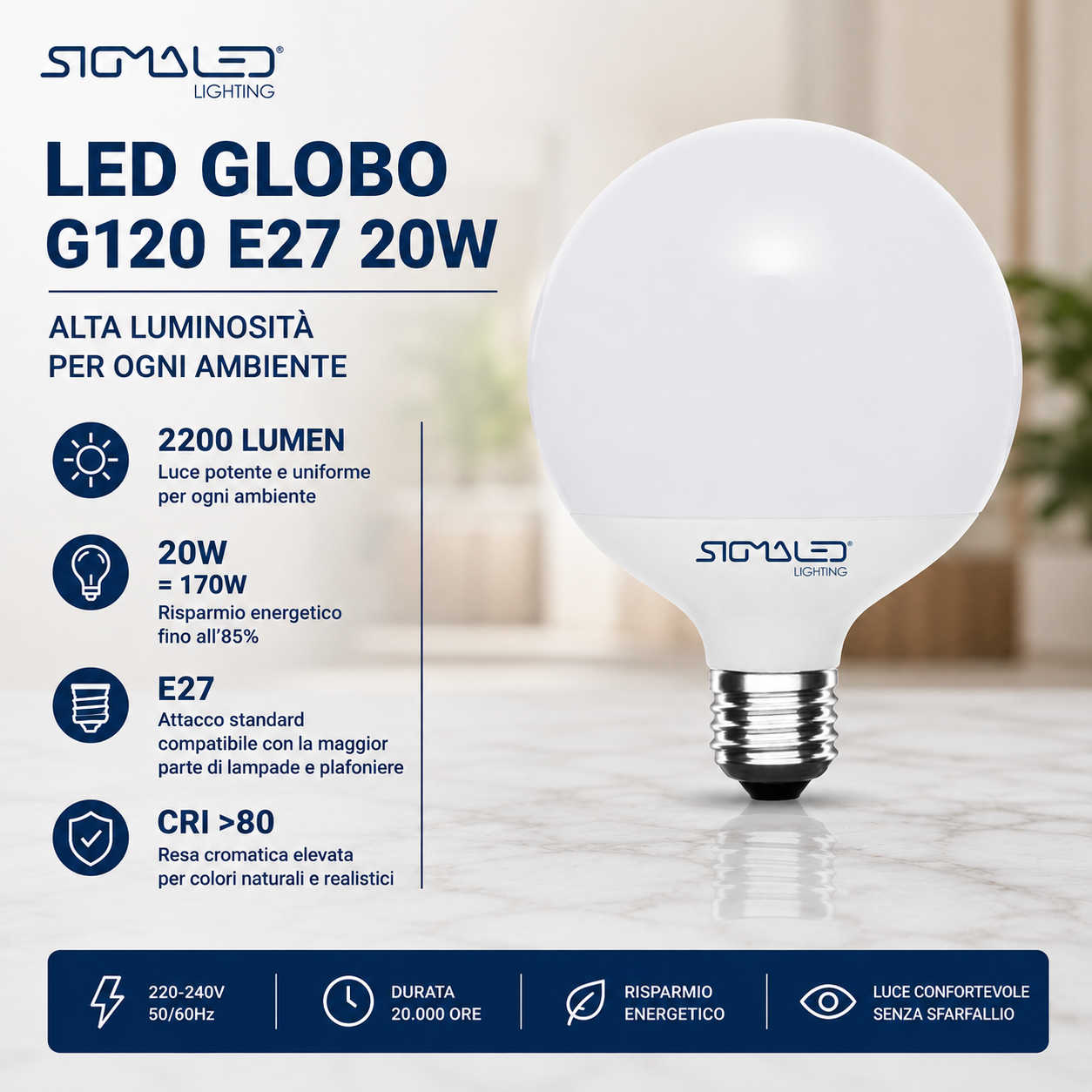Lampadina LED globo bianca con attacco E27, 20W, 2200 lumen, su tavolo in marmo.