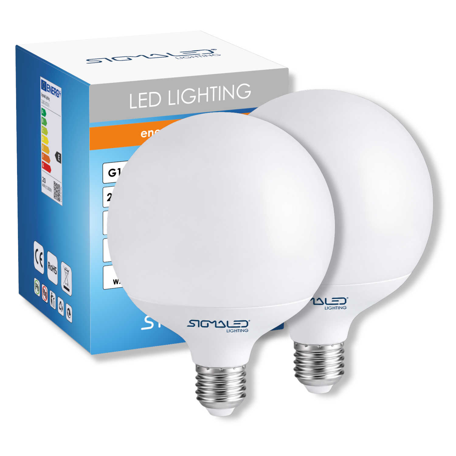 Due lampadine a LED bianche accanto a una scatola blu con etichetta energetica.
