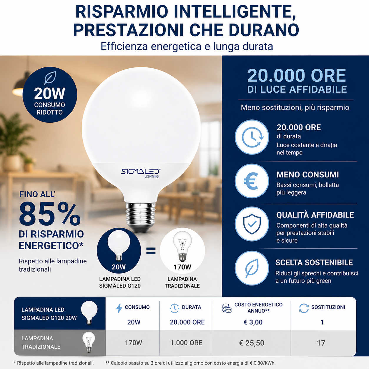 Una lampadina LED da 20W risparmia fino all'85% di energia rispetto a una tradizionale da 170W.
